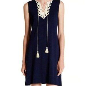 MAX STUDIO Black Cream Beige Embroidered Lace Up Tassel Sleeveless Shift Dress S